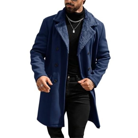 Men's Trench Coat Double Breasted Notched Collar Fleece Jacket Slim Fit Pea Coat
